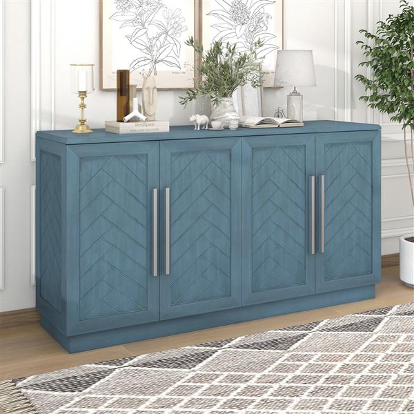 Sideboard with 4 Doors Large Storage Space Buffet Cabinet with Adjustable Shelves and Silver Handles for Kitchen, Dining Room, Living Room (Antique Blue)