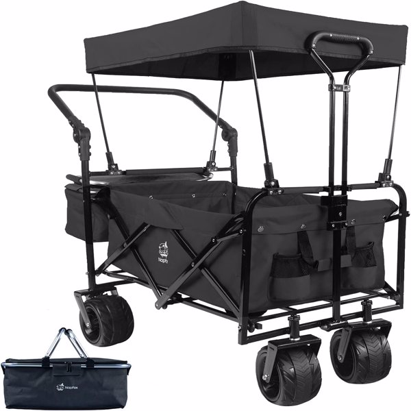 Collapsible Wagon Heavy Duty Folding Wagon Cart with Removable Canopy, 4" Wide Large All Terrain Wheels, Brake, Adjustable Handles,Cooler Bag Utility Carts for Outdoor Garden Wagons Carts Beach Cart