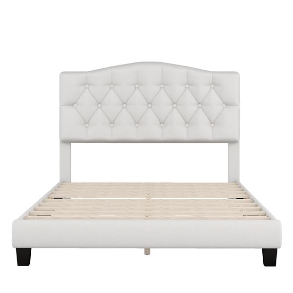 Upholstered Platform Bed with Saddle Curved Headboard and Diamond Tufted Details, Full, Beige