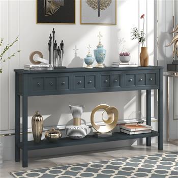 Rustic Entryway Console Table, 60\\" Long Sofa Table with two Different Size Drawers and Bottom Shelf for Storage (Navy)