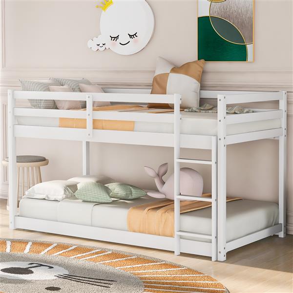 Twin over Twin Floor Bunk Bed with Ladder , White