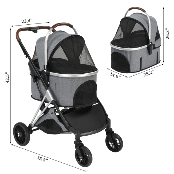 Pet Stroller 3 in 1, Folding Lightweight Dog Stroller with Detachable Carrier & Storage Basket, 4 Wheels Travel Stroller for Puppies Doggies Kitties, Grey