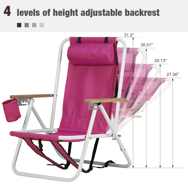 Folding Beach Chair, 4 Position Portable Backpack Foldable Camping Chair with Headrest Cup Holder and Wooden Armrests, Pink