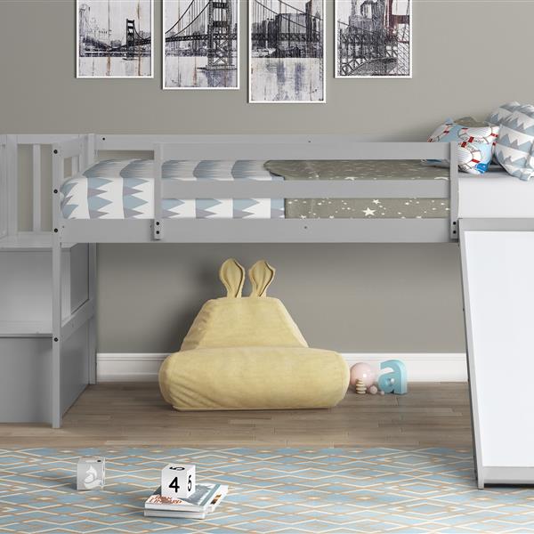 Loft Bed with Staircase, Storage, Slide, Twin size, Full-length Safety Guardrails, No Box Spring Needed, Grey