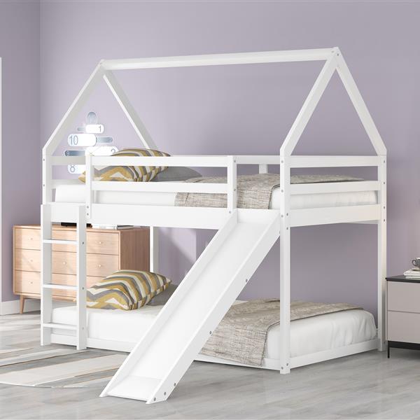 Twin Size Bunk House Bed with Slide and Ladder,White