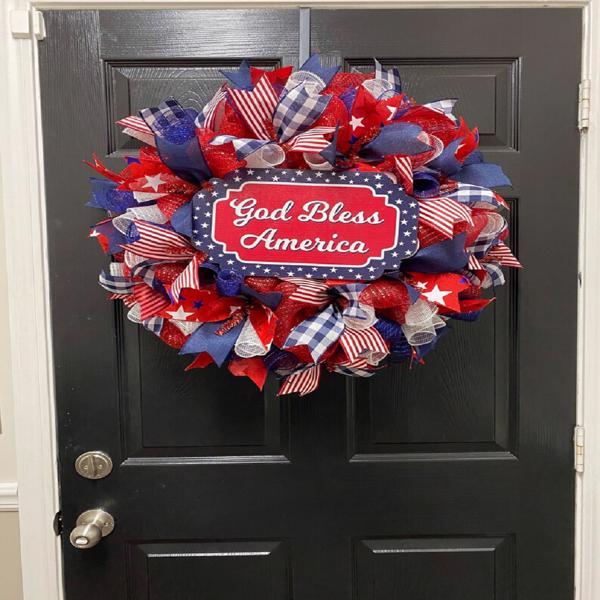 July 4th Wreath Patriotic American Wreath God Bless America, Red White Blue Flower Front Door Wreath, Memorial Day Independence Day, 2Pcs 