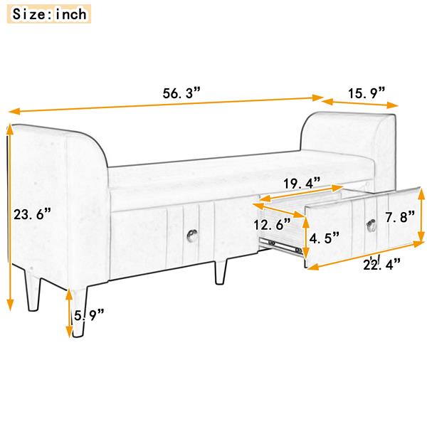 Upholstered Wooden Storage Bench with 2 Drawers For Bedroom,Fully Assembled Except Legs and Handles,Gray