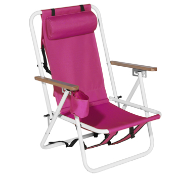 Folding Beach Chair, 4 Position Portable Backpack Foldable Camping Chair with Headrest Cup Holder and Wooden Armrests, Pink