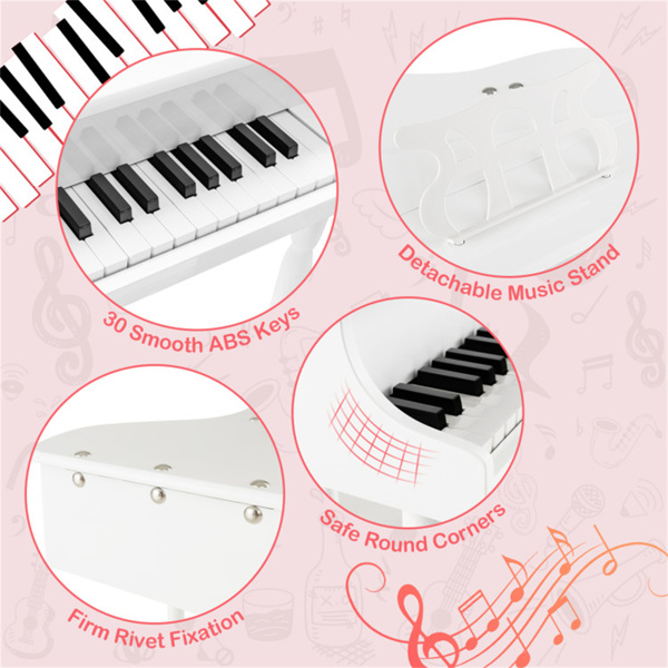 White Kids Piano 30-Key Keyboard Toy with Bench Piano Lid and Music Rack