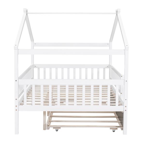 Full Size Wooden House Bed with Twin Size Trundle, White