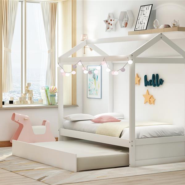 House Bed with Trundle, can be Decorated,White