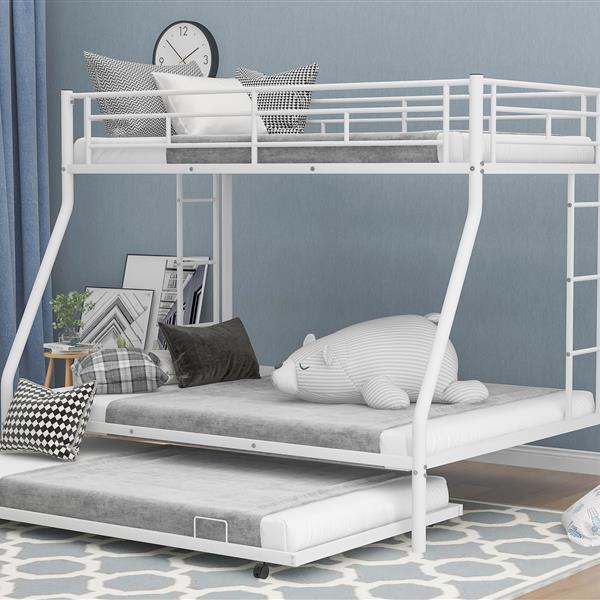 Twin over Full Bed with Sturdy Steel Frame, Bunk Bed with Twin Size Trundle, Two-Side Ladders, White