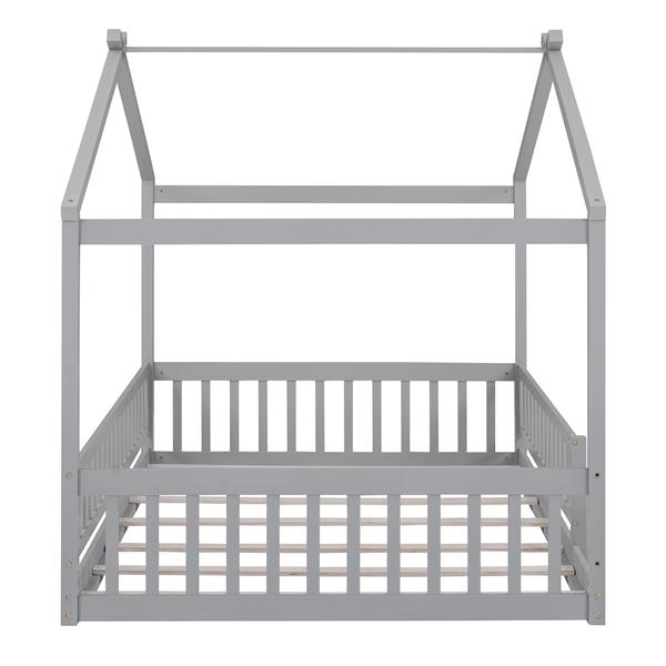 Full Size Wood Bed House Bed Frame with Fence, for Kids, Teens, Girls, Boys,Gray