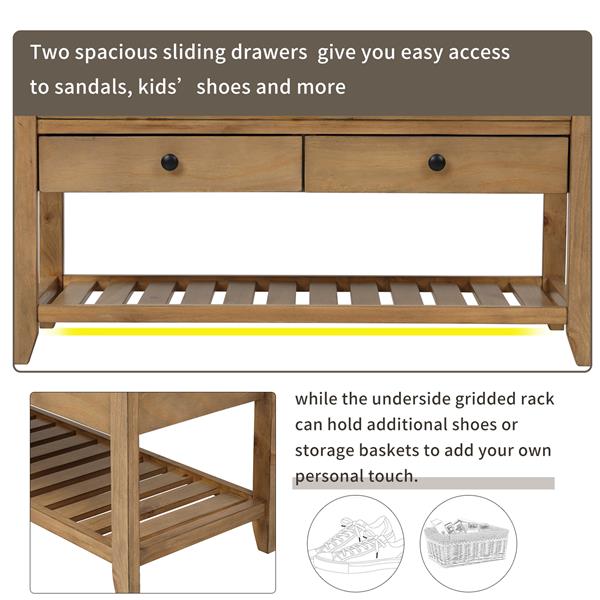 Shoe Rack with Cushioned Seat and Drawers, Multipurpose Entryway Storage Bench (Old Pine)