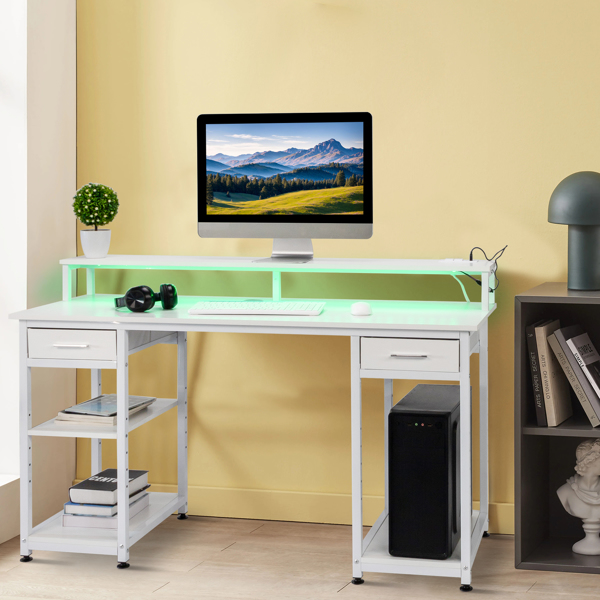 White wood grain particle board with non-woven fabric drawer 140*50*86cm multi-layer shelf computer desk with 2 USB power sockets and 2 power interface