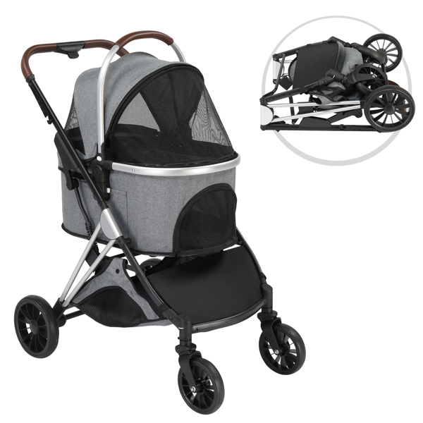 Pet Stroller 3 in 1, Folding Lightweight Dog Stroller with Detachable Carrier & Storage Basket, 4 Wheels Travel Stroller for Puppies Doggies Kitties, Grey