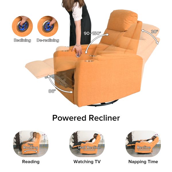 Swivel Rocking Recliner Sofa Chair With USB Charge Port & Cup Holder For Living Room, Bedroom,light orange