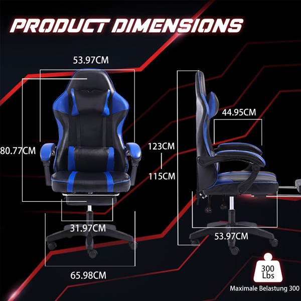 Ergonomic Gaming Chair with Footrest, Comfortable Computer Chair for Heavy People, Adjustable Lumbar Desk Office Chair with 360°-Swivel Seat, PU Leather Video Game Chairs for Adults, Blue