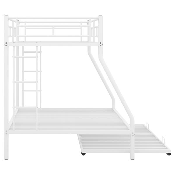 Twin over Full Bed with Sturdy Steel Frame, Bunk Bed with Twin Size Trundle, Two-Side Ladders, White