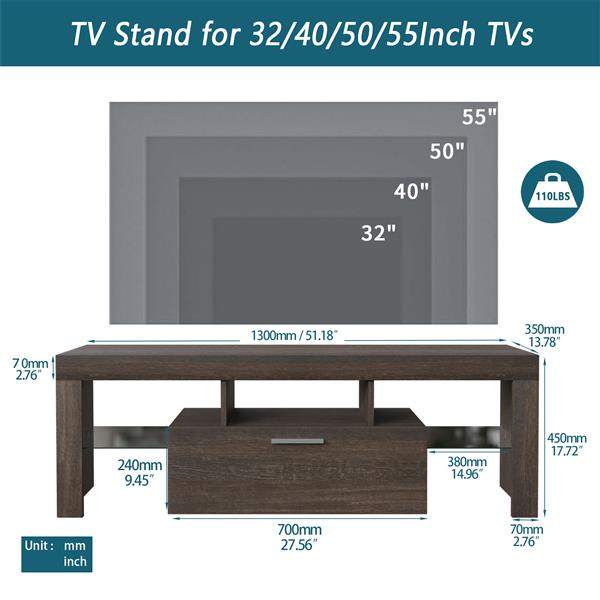 20 minutes quick assembly brown simple modern TV stand with the toughened glass shelf Floor cabinet Floor TV wall cabinet Brown TV bracket with LED Color Changing Lights for Living Room