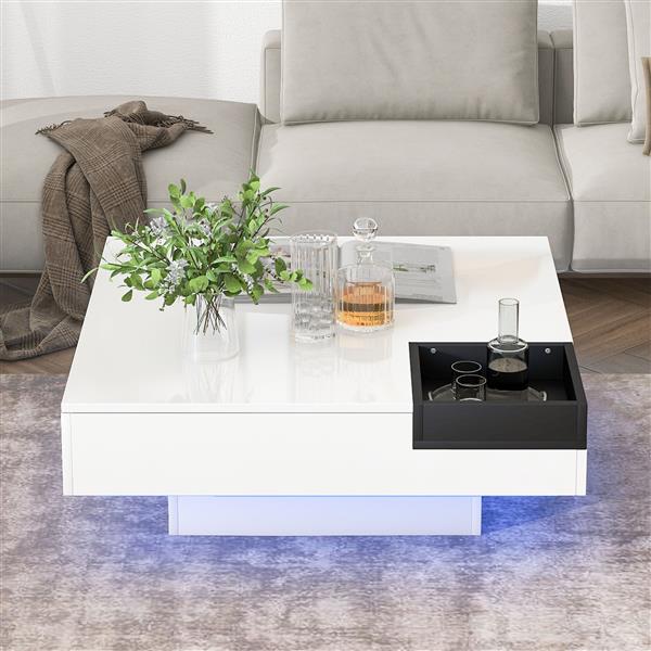 Modern Minimalist Design 31.5*31.5in Square Coffee Table with Detachable Tray and Plug-in 16-color LED Strip Lights Remote Control for Living Room