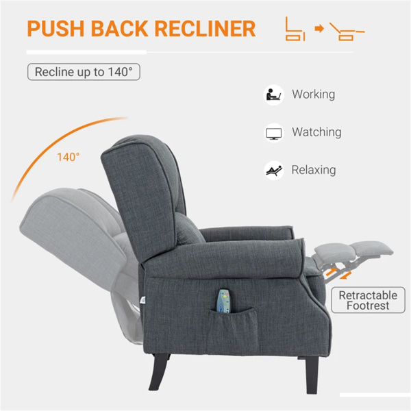 Charcoal Gray Massage Recliner Chair. Wingback Single Sofa with Vibration Massage, Heat, Push Back