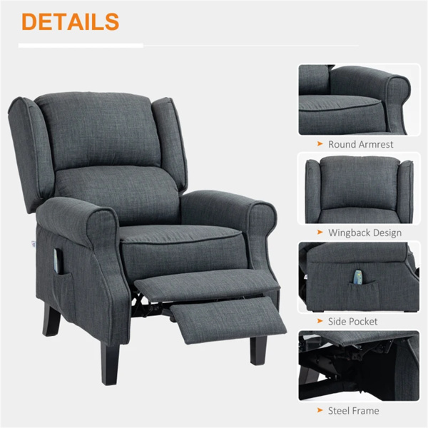 Charcoal Gray Massage Recliner Chair. Wingback Single Sofa with Vibration Massage, Heat, Push Back