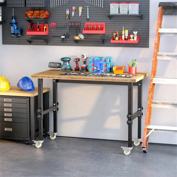 47" Garage Work Bench with Wheels, Height Adjustable Legs, Bamboo Tabletop Workstation Tool Table