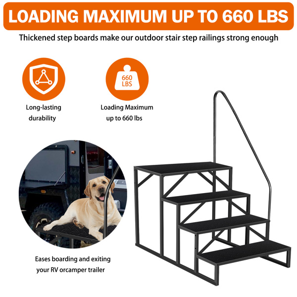 4-Step Ladder with Handle, 4-Step Ladder for Camper Pool Non-slip, Steel Safety Ladder for Camping Car max 300 kg, Step Ladder for Mobile Home Porch						 						 						 						 						