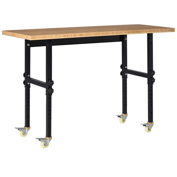 59" Garage Work Bench with Wheels, Height Adjustable Legs, Bamboo Tabletop Workstation Tool Table