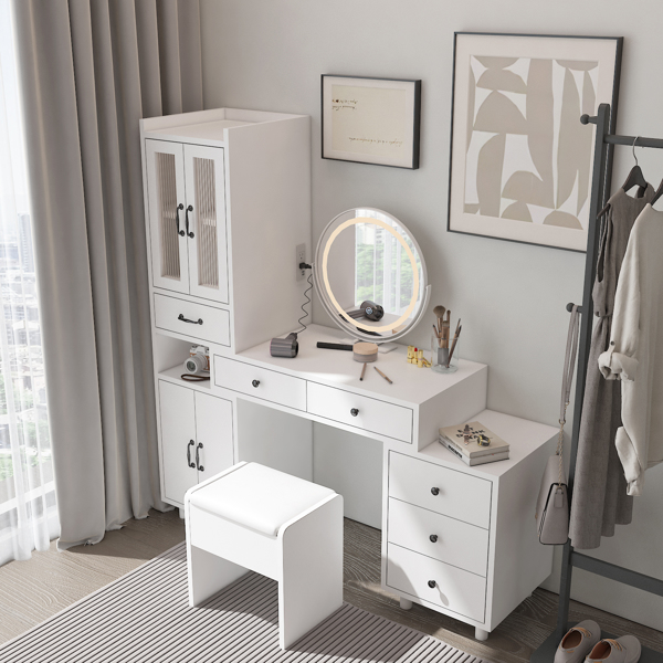 Modern Makeup Vanity Table Set with Side Cabinet and Nightstand and LED Mirror, Retractable Dressing Table with Power Outlets, 3 Light Colors