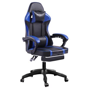 Ergonomic Gaming Chair with Footrest, Comfortable Computer Chair for Heavy People, Adjustable Lumbar Desk Office Chair with 360°-Swivel Seat, PU Leather Video Game Chairs for Adults, Blue