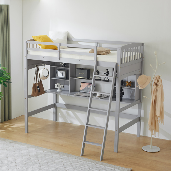 Loft bed with shelf with desk inclined ladder gray twin wooden bed pine particle board