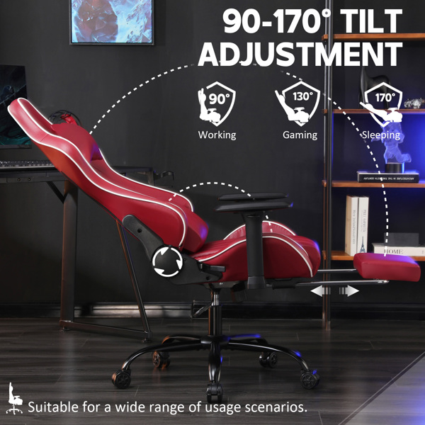 Computer Gaming Chairs for Adults, Ergonomic Computer Chair for Heavy People, Adjustable Lumbar Office Desk Chair with Footrest, 360°-Swivel Seat PU Leather Gamer Chair, Red