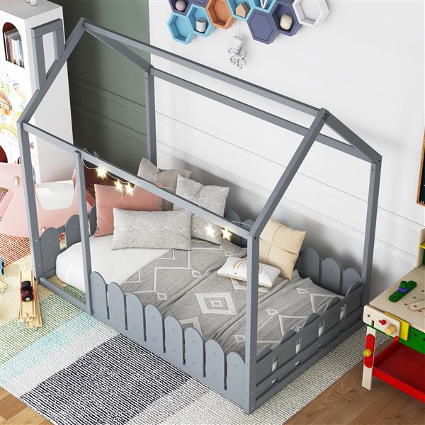 {Slats are not included}Twin Size Wood Bed House Bed Frame with Fence,for Kids,Teens, Girls,Boys {Gray}