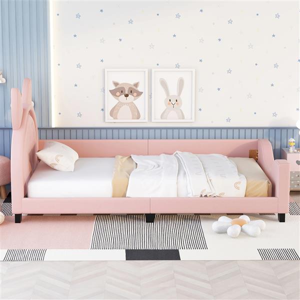 Twin Size Upholstered Daybed with Carton Ears Shaped Headboard, Pink