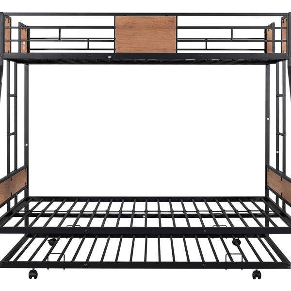 Metal Twin over Full Bunk Bed with Trundle/ Heavy-duty Sturdy Metal/ Noise Reduced/ Safety Guardrail/ Wooden Decoration/ Convenient Trundle / Bunk Bed for Three/ CPC Certified/ No Box Spring Needed