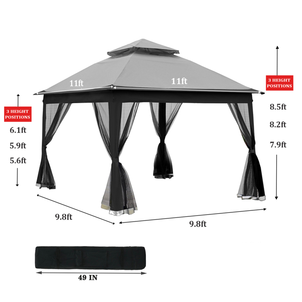 Outdoor 11x 11Ft Pop Up Gazebo Canopy With Removable Zipper Netting,2-Tier Soft Top Event Tent,Suitable For Patio Backyard Garden Camping Area,Grey [Sale to Temu is Banned.Weekend can not be shipped
