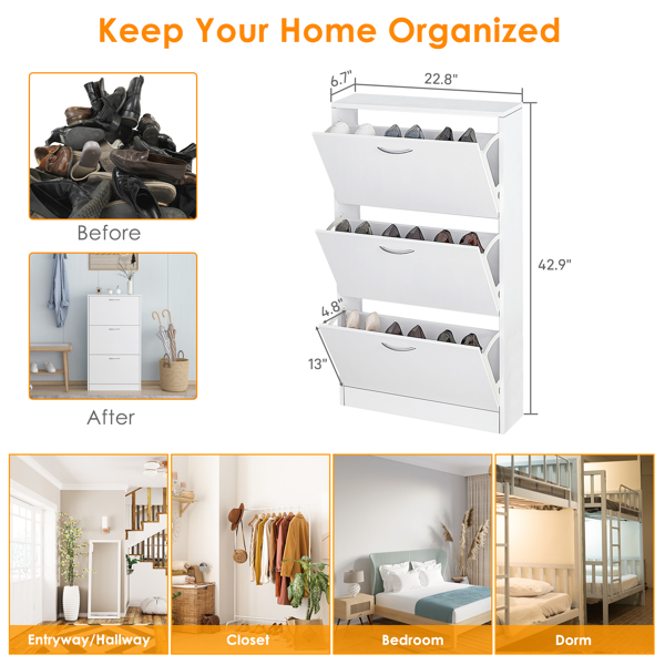 Shoe Cabinet for Entryway, White Narrow Shoe Storage Cabinet Flip Down Shoe Rack Wood 3 Tier Shoe Organizer for Home and Apartment