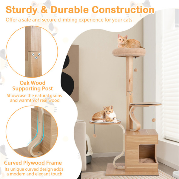 Wooden Cat Tree Cat Tower with Condo and Washable Cushions