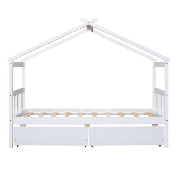 Twin Size Wooden House Bed with Drawers, White