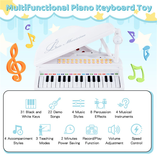 White Kids Piano 31 Keys Kids Piano Keyboard with Stool and Piano Lid