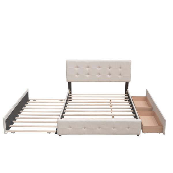 Upholstered Platform Bed with 2 Drawers and 1 Twin XL Trundle,  Linen Fabric, Queen Size - Dark Beige