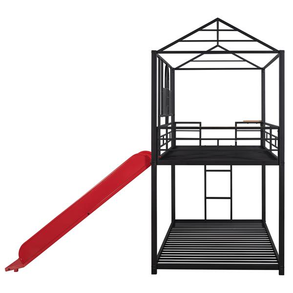 Twin Over Twin Metal Bunk Bed ,Metal Housebed With Slide,Three Colors Available.(Black with Red Slide)