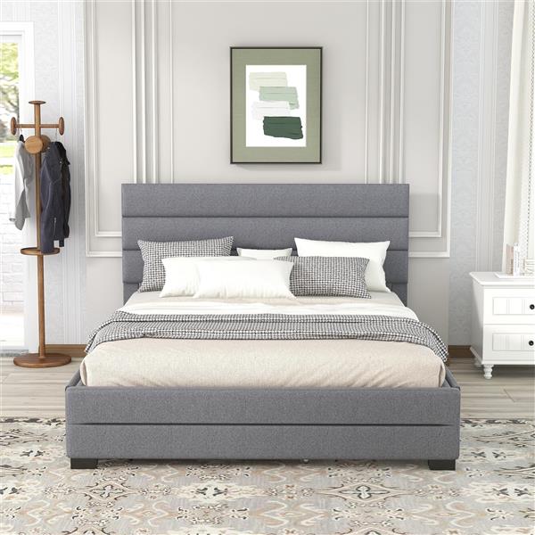 Queen Upholstered Platform Bed with Twin Size Trundle and Two Drawers,Grey