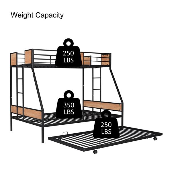 Metal Twin over Full Bunk Bed with Trundle/ Heavy-duty Sturdy Metal/ Noise Reduced/ Safety Guardrail/ Wooden Decoration/ Convenient Trundle / Bunk Bed for Three/ CPC Certified/ No Box Spring Needed