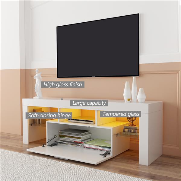 FashionTVstandTVcabinet,EntertainmentCenter,TVstationTV console,media console,with LEDlight belt,light belt remote control,toughenedglassshelf,metal handle,Canbeplaced in the living room,bedroom,white