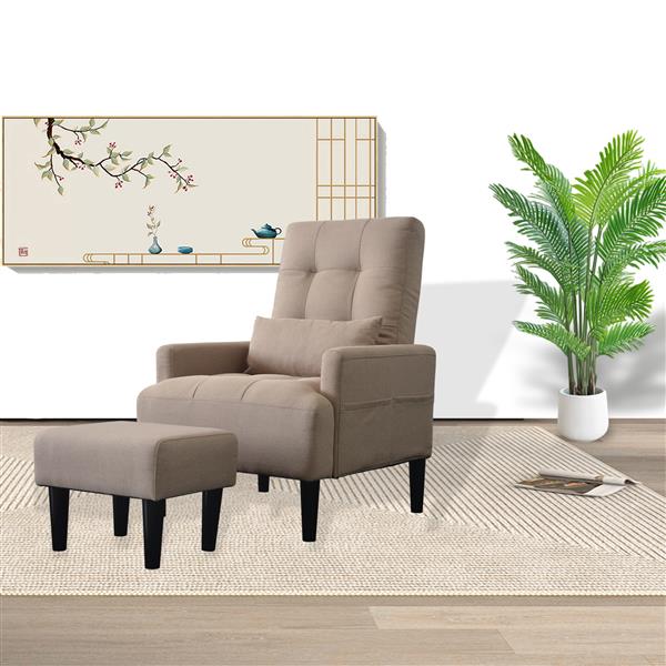 brown living room sofa single chair and ottoman, modern multi-function fabric living room sofa lounge chair bed and stool.   Soft leisure single chair adjustable into 5 angles with sofa bed