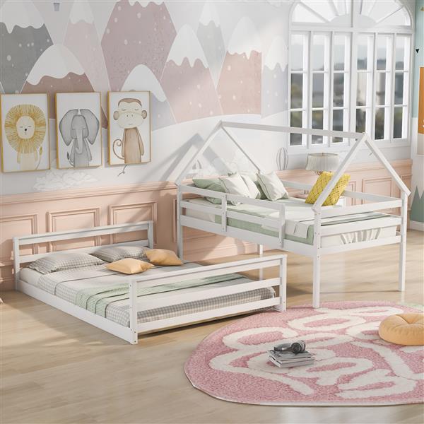 Twin over Full House Bunk Bed with Built-in Ladder,White