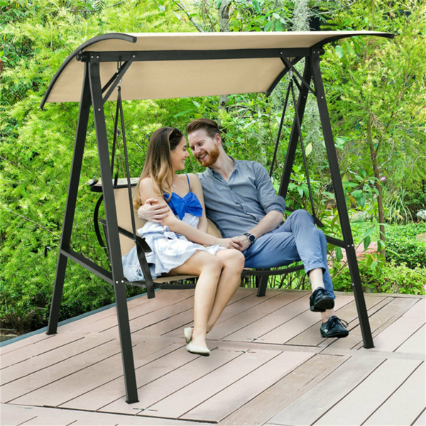 2 Seater Porch Swing with Canopy, Khaki Patio Swing 